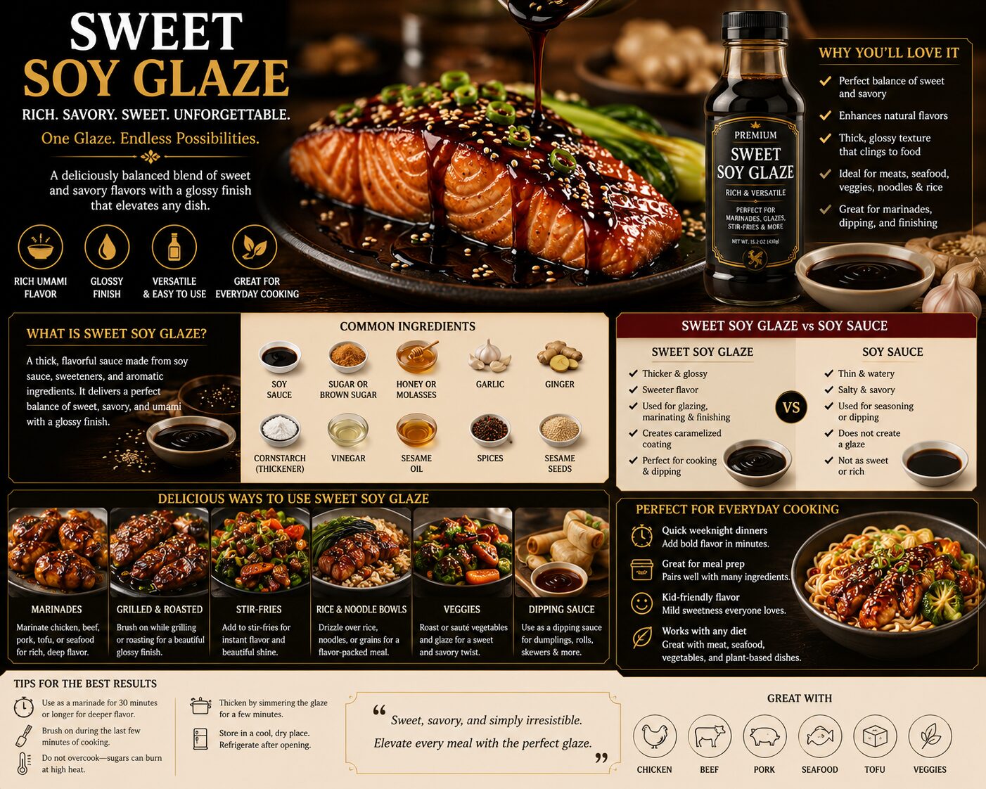 In the world of global cuisine, sauces and glazes play a major role in transforming simple ingredients into unforgettable meals. Among the most versatile and flavorful condiments available today, sweet soy glaze has become a favorite in both professional kitchens and home cooking.Condiments & Dressings Known for its rich umami flavor, balanced sweetness, and glossy texture, sweet soy glaze can enhance everything from grilled meats and roasted vegetables to noodles, rice bowls, and fusion dishes. Whether you are an experienced chef or simply exploring new flavors, this delicious glaze offers countless culinary possibilities. In this guide, we’ll explore what sweet soy glaze is, how it’s made, the best ways to use it, and why it has become a staple ingredient in modern kitchens around the world. What Is Sweet Soy Glaze? Sweet soy glaze is a thick, flavorful sauce typically made from soy sauce combined with sweeteners and seasonings. It delivers a balanced blend of savory, salty, and sweet flavors while creating a smooth glossy coating on food. The glaze is inspired by traditional Asian sauces, especially Indonesian kecap manis and Japanese teriyaki-style reductions. However, modern sweet soy glaze products often feature their own unique twists with ingredients like garlic, ginger, sesame, honey, or molasses.East Asian Cuisine Unlike regular soy sauce, sweet soy glaze has a thicker consistency and a sweeter profile, making it ideal for glazing, marinating, dipping, and finishing dishes.Baked Goods Why Sweet Soy Glaze Is So Popular The popularity of sweet soy glaze has grown rapidly in recent years as more people experiment with Asian-inspired cooking and fusion cuisine. Here are several reasons why this sauce has become a kitchen favorite: 1. Incredible Flavor Balance Sweet soy glaze combines: Salty umami depth Mild sweetness Savory richness Slight caramel notes This balance makes it compatible with a wide variety of ingredients.Cooking & Recipes 2. Versatile for Many Recipes One bottle of sweet soy glaze can be used in: Stir-fries Marinades Rice bowls Grilled chicken Seafood dishes Roasted vegetables Noodle recipes Salad dressings Its versatility makes it an excellent pantry essential.Food 3. Easy to Use Sweet soy glaze is beginner-friendly because it instantly adds flavor without requiring complicated seasoning techniques. Even a small drizzle can elevate simple meals. 4. Restaurant-Style Appearance The thick glossy texture gives food a polished and appetizing finish often associated with restaurant-quality dishes. What Does Sweet Soy Glaze Taste Like? Sweet soy glaze offers a rich combination of sweet and savory flavors with a slightly syrupy texture.Candy & Sweets The taste is often described as: Sweet but balanced Deeply savory Mildly smoky Rich in umami Slightly caramelized Depending on the recipe or brand, you may also notice notes of garlic, ginger, sesame, or molasses. Its flavor profile works especially well with grilled or roasted foods because the sugars caramelize beautifully during cooking. Common Ingredients in Sweet Soy Glaze Although recipes vary, most sweet soy glaze products include a combination of the following ingredients:Condiments & Dressings Soy sauce Sugar or brown sugar Honey or molasses Garlic Ginger Cornstarch or thickener Vinegar Sesame oil Spices Some premium versions may also include natural fermentation techniques or reduced-sodium formulas. How Sweet Soy Glaze Is Different from Soy Sauce Many people confuse sweet soy glaze with regular soy sauce, but there are several important differences.Rice Texture