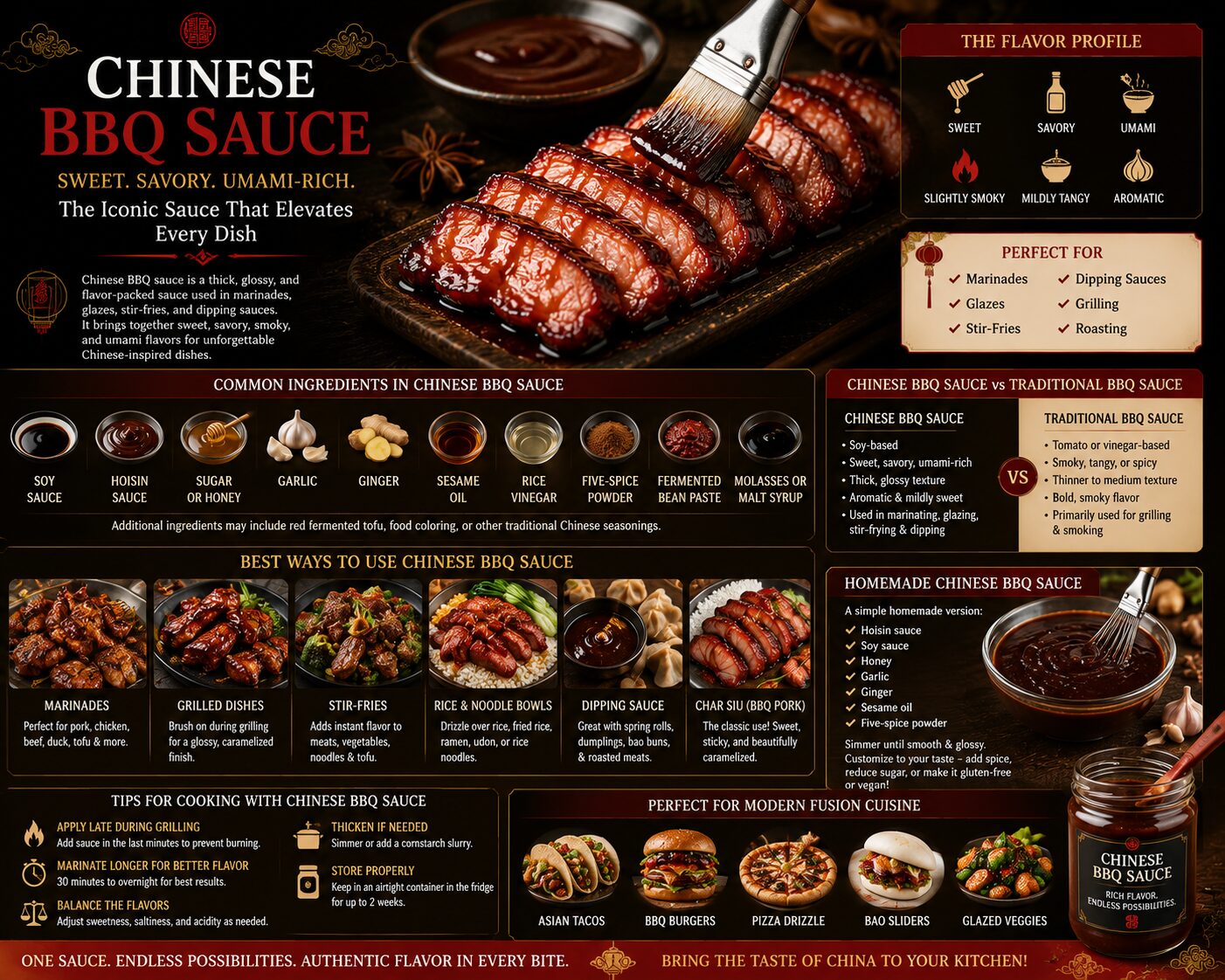 Chinese cuisine is known worldwide for its rich flavors, balanced seasonings, and unforgettable sauces. Among the most iconic condiments used in Asian-inspired cooking, Chinese BBQ sauce stands out as a favorite for marinades, glazes, stir-fries, and dipping sauces.Condiments & Dressings With its sweet, savory, smoky, and umami-rich profile, Chinese BBQ sauce can instantly transform simple ingredients into restaurant-quality dishes. From grilled meats and roasted vegetables to noodles and rice bowls, this versatile sauce has become a staple in kitchens around the globe. In this guide, we’ll explore what Chinese BBQ sauce is, its flavor profile, common ingredients, cooking applications, and why it continues to grow in popularity among home cooks and professional chefs alike. What Is Chinese BBQ Sauce? Chinese BBQ sauce is a thick, flavorful sauce commonly used in Cantonese and Chinese-inspired cuisine. It is traditionally associated with char siu, the famous Chinese barbecue pork known for its glossy red coating and sweet-savory flavor. Unlike American barbecue sauces that often emphasize tomato and smoke, Chinese BBQ sauce focuses on: Umami depth Mild sweetness Soy-based richness Aromatic spices Fermented flavors The sauce is typically used as:Cooking & Recipes A marinade A glaze A stir-fry sauce A dipping sauce Its rich flavor and versatility make it one of the most recognizable sauces in Asian cooking. The Flavor Profile of Chinese BBQ Sauce One reason Chinese BBQ sauce is so popular is its perfectly balanced flavor combination. The taste is often described as: Sweet Savory Slightly smoky Rich in umami Mildly tangy Aromatic Depending on the recipe, some versions may also include hints of garlic, ginger, sesame, honey, or Chinese five-spice powder. The sauce creates a glossy coating that caramelizes beautifully during roasting or grilling, giving food both incredible flavor and visual appeal. Common Ingredients in Chinese BBQ Sauce Although recipes vary between regions and brands, most Chinese BBQ sauces contain a blend of classic Asian pantry ingredients.Food Typical ingredients include: Soy sauce Hoisin sauce Sugar or honey Garlic Ginger Sesame oil Rice vinegar Chinese five-spice powder Fermented bean paste Molasses or malt syrup Some traditional recipes also use red fermented tofu or food coloring to achieve the iconic char siu appearance.Condiments & Dressings Modern variations may offer: Gluten-free formulas Vegan-friendly ingredients Reduced sodium options Organic products Chinese BBQ Sauce vs Traditional BBQ Sauce Many people wonder how Chinese BBQ sauce differs from Western barbecue sauces. Base Ingredients Western BBQ sauces usually rely on:Cooking & Recipes Tomato paste Vinegar Brown sugar Smoke flavor Chinese BBQ sauce is more soy-based and focuses heavily on umami and fermented flavors. Flavor Style American barbecue sauces often emphasize smoky, tangy, or spicy notes. Chinese BBQ sauce delivers a sweeter and more savory profile with aromatic spices. Texture Chinese BBQ sauce tends to be thicker and glossier, especially when used as a glaze.Food Cooking Applications While both sauces work well for grilling, Chinese BBQ sauce is also widely used in stir-fries, noodles, and rice dishes. The History of Chinese BBQ Sauce Chinese barbecue traditions date back centuries, particularly in Cantonese cuisine. One of the most famous dishes connected to Chinese BBQ sauce is char siu, which translates roughly to “fork roasted.” Traditionally, seasoned pork was skewered on long forks and roasted over open flames. The signature sauce developed as a way to: Enhance caramelization Preserve moisture Build layered flavor Over time, Chinese BBQ sauce evolved into a versatile condiment used far beyond pork dishes.Condiments & Dressings Today, it appears in restaurants and home kitchens worldwide. Best Ways to Use Chinese BBQ Sauce One of the biggest strengths of Chinese BBQ sauce is its flexibility. Marinades Chinese BBQ sauce works beautifully as a marinade for: Pork Chicken Beef Duck Tofu Marinating allows the flavors to penetrate deeply while helping create a caramelized exterior during cooking.Cooking & Recipes Grilled Dishes Brush the sauce onto meats or vegetables during grilling for a glossy finish and enhanced flavor. It pairs especially well with: Pork ribs Chicken wings Beef skewers Eggplant Mushrooms Stir-Fries A few spoonfuls can instantly elevate stir-fried dishes.Restaurants Popular combinations include: Beef and broccoli Chicken noodles Vegetable stir-fries Tofu rice bowls Rice and Noodle Bowls Chinese BBQ sauce adds bold flavor to simple grain-based meals. Drizzle it over: Steamed rice Fried rice Ramen Udon noodles Rice noodles Dipping Sauce The sauce can also be served alongside:Condiments & Dressings Spring rolls Dumplings Bao buns Roasted meats Chinese BBQ Sauce and Char Siu Char siu remains one of the most iconic uses for Chinese BBQ sauce. Traditionally made with pork shoulder or pork belly, char siu is marinated in a sweet-savory sauce before roasting until glossy and caramelized. The result is tender meat with: Sticky edges Deep umami flavor Slight sweetness Beautiful roasted color Today, char siu-inspired flavors are commonly used in:Cooking & Recipes Rice bowls Noodle soups Bao sandwiches Fusion tacos Chinese BBQ Sauce in Modern Fusion Cuisine Modern chefs frequently use Chinese BBQ sauce in fusion cooking because of its versatile flavor profile. Creative applications include: Chinese BBQ burgers Asian tacos Pizza drizzle Bao sliders Glazed roasted vegetables Sweet-savory sandwiches The sauce pairs surprisingly well with Western ingredients while maintaining its distinctive Asian-inspired character.Food Homemade Chinese BBQ Sauce Many home cooks prefer making Chinese BBQ sauce from scratch. A basic homemade version may include: Hoisin sauce Soy sauce Honey Garlic Ginger Sesame oil Chinese five-spice powder The ingredients are simmered together until smooth and glossy.Condiments & Dressings Homemade sauce allows for customization such as: Extra spice Lower sugar Gluten-free ingredients Vegan substitutions Fresh homemade versions often deliver richer aroma and flavor compared to mass-produced alternatives. Tips for Cooking with Chinese BBQ Sauce To get the best results when using Chinese BBQ sauce, follow these practical cooking tips. Apply Late During Grilling