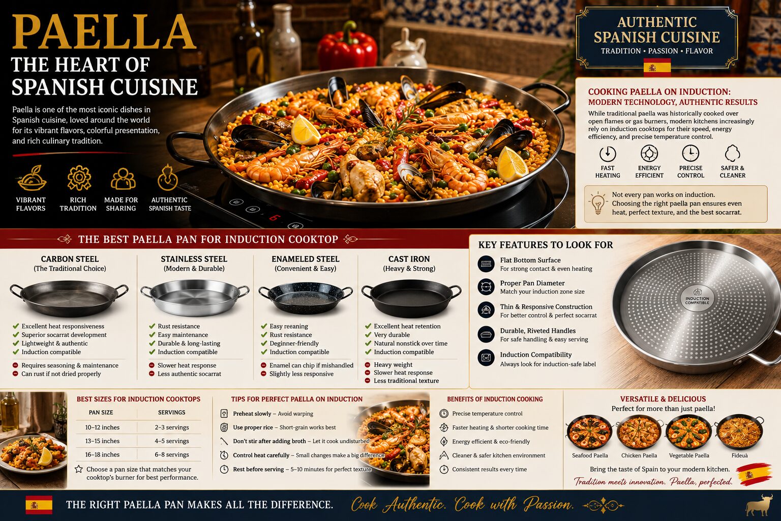 Paella is one of the most iconic dishes in Spanish cuisine, loved around the world for its vibrant flavors, colorful presentation, and rich culinary tradition. While traditional paella was historically cooked over open flames or gas burners, modern kitchens increasingly rely on induction cooktops for their speed, energy efficiency, and precise temperature control.Spanish Cuisine However, not every paella pan works properly on induction surfaces. Choosing the best paella pan for induction cooktop cooking requires understanding how induction technology works and which cookware materials provide the best results. In this complete guide, we’ll explore the best types of induction-compatible paella pans, important features to consider, the advantages and disadvantages of different materials, and how to achieve authentic Spanish paella even in a modern induction kitchen. Why Choosing the Right Paella Pan Matters Paella is not simply rice cooked in a pan. Authentic paella depends heavily on the cookware itself. Traditional paella requires: Even heat distribution Wide cooking surfaces Thin rice layers Controlled evaporation Proper socarrat formation Socarrat is the crispy caramelized rice layer at the bottom of the pan that many consider the highlight of authentic paella.Cooking & Recipes Using the wrong pan can lead to: Unevenly cooked rice Poor caramelization Hot spots Inconsistent texture When cooking on induction, pan compatibility becomes even more important because induction technology works differently from traditional gas or electric heat sources. How Induction Cooktops Work Induction cooktops use electromagnetic energy rather than direct heat. Instead of heating the burner itself, induction creates magnetic currents inside compatible cookware. This system offers several advantages: Fast heating Energy efficiency Precise temperature control Safer cooking surfaces Reduced heat loss However, induction cooking requires cookware made from magnetic materials. Not all traditional paella pans are induction compatible.Spanish Cuisine What Makes a Paella Pan Compatible with Induction? For a paella pan to work on an induction cooktop, it must contain ferromagnetic material. Compatible materials generally include: Carbon steel Magnetic stainless steel Certain enameled steel pans Some cast iron cookware Non-magnetic materials such as pure aluminum or copper will not function on induction surfaces unless they include a magnetic base layer. Best Materials for Induction Paella Pans Choosing the best material is one of the most important factors when selecting a paella pan for induction cooking. Carbon Steel Paella Pans Carbon steel is the traditional favorite for authentic paella cooking.Cooking & Recipes Advantages Excellent heat responsiveness Superior socarrat development Lightweight construction Authentic Spanish cooking performance Magnetic compatibility for induction Carbon steel performs extremely well on induction cooktops because it responds quickly to temperature adjustments. Drawbacks Requires seasoning and maintenance Can rust if not dried properly Needs occasional oil coating Despite these requirements, many chefs still consider carbon steel the best option for authentic paella. Stainless Steel Paella Pans Magnetic stainless steel pans are popular for induction kitchens. Advantages Rust resistance Easy maintenance Modern appearance Durable construction Induction compatibility Drawbacks Slightly slower heat responsiveness Less authentic socarrat compared to carbon steel Stainless steel is an excellent choice for cooks prioritizing convenience and durability.Spanish Cuisine Enameled Steel Paella Pans Enameled steel combines steel construction with a protective enamel coating. Advantages Easy cleaning Rust resistance Beginner-friendly maintenance Compatible with induction Drawbacks Slightly reduced responsiveness Enamel can chip if mishandled These pans are often ideal for casual home cooks. Cast Iron Paella Pans Although less traditional, cast iron can work on induction cooktops. Advantages Excellent heat retention Strong durability Natural nonstick seasoning over time Drawbacks Heavy weight Slower heat response Less traditional paella texture Cast iron can produce delicious rice dishes, but many paella enthusiasts still prefer carbon steel. Key Features to Look for in the Best Paella Pan for Induction Cooktop Not all induction-compatible pans deliver the same cooking performance.Cooking & Recipes Here are the most important features to consider. Flat Bottom Surface Induction cooktops require strong surface contact. A flat-bottom pan ensures: Better magnetic connection More even heating Greater stability Warped or uneven pans may heat inconsistently.Spanish Cuisine Proper Pan Diameter Large paella pans may extend beyond the induction heating zone. Choose a pan size that matches your cooktop’s burner dimensions. Smaller induction cooktops may struggle with oversized pans. Thin and Responsive Construction Thin metal pans respond more quickly to temperature changes. This is important for: Controlling broth evaporation Developing socarrat Preventing overcooked rice Durable Handles Strong riveted handles improve safety and handling during cooking and serving. Induction Compatibility Label Always verify that the cookware is specifically labeled induction compatible. Best Sizes for Induction Paella Cooking Induction cooktops typically work best with medium-sized paella pans. General recommendations include:Cooking & Recipes Pan Size Recommended Servings 10–12 inches 2–3 servings 13–15 inches 4–5 servings 16–18 inches 6–8 servings Very large paella pans may heat unevenly unless used on specialized induction systems. Carbon Steel vs Stainless Steel for Induction Paella This is one of the most common buying comparisons.Spanish Cuisine Carbon Steel Best for: Authentic cooking Better socarrat Faster heat response Traditional Spanish results Requires more maintenance but delivers superior authenticity. Stainless Steel Best for: Easy maintenance Modern kitchens Rust resistance Long-term durability Excellent for convenience-focused cooks. Why Carbon Steel Is Often the Preferred Choice Among experienced paella cooks, carbon steel remains highly respected because it offers: Rapid heat responsiveness Traditional cooking performance Better moisture evaporation Excellent caramelization Induction cooktops paired with quality carbon steel pans can produce outstanding results.Cooking & Recipes Common Problems with Induction Paella Cooking Although induction offers many advantages, some challenges can occur. Uneven Heating on Large Pans Small induction zones may not fully heat oversized pans. Solution Choose pans sized appropriately for your cooktop. Warping Very thin pans may warp under sudden temperature changes.Spanish Cuisine Solution Preheat gradually and avoid extreme temperature shifts. Insufficient Socarrat Incorrect heat control can prevent crispy rice formation. Solution Carefully increase heat near the end of cooking. Benefits of Cooking Paella on Induction Modern induction cooking actually offers several advantages for paella preparation. Precise Temperature Control Induction allows very accurate heat adjustments. This helps: Control broth evaporation Avoid scorching Improve rice texture consistency Faster Heating Induction cooktops heat pans rapidly, reducing cooking time.Cooking & Recipes Energy Efficiency Less energy is wasted compared to traditional gas cooking. Cleaner Cooking Environment Induction surfaces remain cooler and easier to clean. Best Foods to Cook in an Induction-Compatible Paella Pan Paella pans are surprisingly versatile. Popular recipes include: Seafood Paella Shrimp, mussels, squid, and saffron rice remain classic favorites.Spanish Cuisine Chicken Paella Chicken, vegetables, and paprika broth offer traditional comfort. Vegetarian Paella Artichokes, mushrooms, peppers, and beans create flavorful plant-based versions. Fideuà This noodle-based Spanish dish works beautifully in paella pans. Fusion Rice Dishes Modern cooks often use paella pans for creative global rice recipes. Tips for Better Paella on Induction Cooktops To maximize results, follow these practical cooking tips. Preheat Slowly Gradual heating reduces the risk of warping. Use Proper Rice Spanish short-grain rice varieties absorb broth effectively. Avoid Excessive Stirring Paella rice should remain relatively undisturbed after broth is added. Monitor Heat Carefully Induction responds rapidly, so small adjustments can have significant effects. Allow Resting Time Let paella rest briefly before serving to stabilize texture. How to Maintain an Induction-Compatible Paella Pan Proper maintenance depends on the material.Spanish Cuisine Carbon Steel Maintenance Dry immediately after washing Apply thin oil coating Store in dry conditions Stainless Steel Maintenance Clean with gentle detergents Avoid abrasive scrubbing Enameled Steel Maintenance Prevent enamel chipping Avoid sudden temperature changes Good maintenance greatly extends cookware lifespan. Why More Home Cooks Are Using Induction for Paella As induction technology becomes more common, many home cooks are discovering that authentic paella is absolutely possible on modern cooktops. Benefits include: Faster cooking