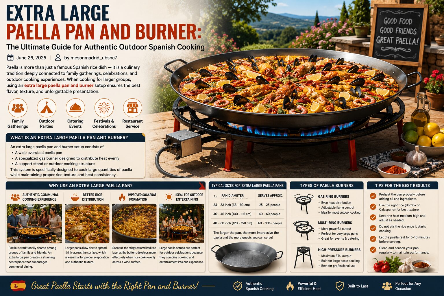 Extra Large Paella Pan and Burner: The Ultimate Guide for Authentic Outdoor Spanish Cooking June 26, 2026 by mesonmadrid_ubsnc7 Paella is more than just a famous Spanish rice dish — it is a culinary tradition deeply connected to family gatherings, celebrations, and outdoor cooking experiences. While smaller paella pans work well for home meals, serious paella enthusiasts often turn to an extra large paella pan and burner setup when cooking for larger groups.Cookware Whether hosting a backyard party, catering an event, organizing a family reunion, or recreating an authentic Spanish feast, using the right oversized paella pan and burner can dramatically improve cooking performance and presentation. In this complete guide, we’ll explore everything you need to know about choosing the best extra large paella pan and burner, including materials, sizes, burner types, cooking techniques, maintenance tips, and why this traditional setup remains essential for authentic Spanish outdoor cooking. What Is an Extra Large Paella Pan and Burner? An extra large paella pan and burner setup consists of: A wide oversized paella pan A specialized gas burner designed to distribute heat evenly A support stand or outdoor cooking structure This system is specifically designed to cook large quantities of paella while maintaining proper rice texture and heat consistency.Major Kitchen Appliances Traditional paella requires rice to cook in a thin even layer. Standard stovetops often struggle to heat very large pans evenly, which is why specialized burners are essential for oversized paella cooking. Extra large paella setups are commonly used for: Outdoor parties Festivals Catering events Family gatherings Restaurant service Community celebrations Why Use an Extra Large Paella Pan? Cooking paella in a large pan is not only practical for serving many guests — it is also deeply connected to Spanish culinary culture.Mexican Cuisine Authentic Communal Cooking Experience Paella is traditionally shared among groups of family and friends. An extra large paella pan creates a visually impressive centerpiece that encourages communal dining and social interaction. Better Rice Distribution Larger pans allow rice to spread thinly across the surface, which is essential for proper evaporation and authentic texture. Improved Socarrat Formation Socarrat, the crispy caramelized rice layer at the bottom of the pan, develops more effectively when rice cooks evenly across a wide surface.Cooking & Recipes Ideal for Outdoor Entertaining Large paella setups are perfect for outdoor celebrations because they combine cooking and entertainment into one experience. Typical Sizes for Extra Large Paella Pans Extra large paella pans come in a wide variety of sizes depending on serving needs.