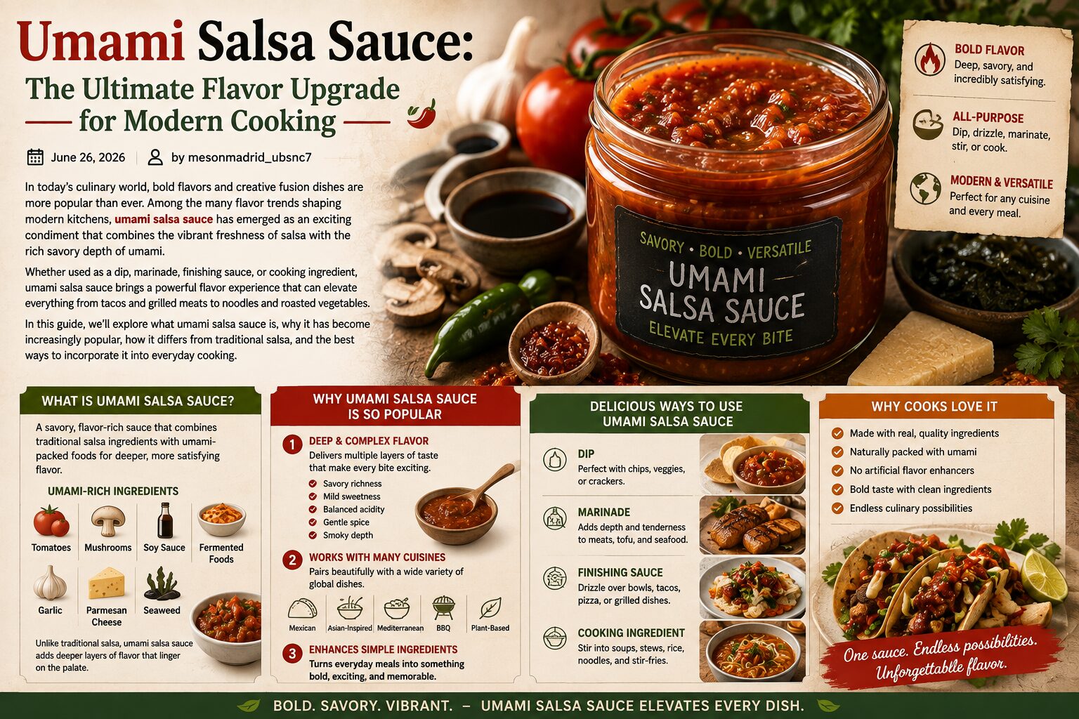 Umami Salsa Sauce: The Ultimate Flavor Upgrade for Modern Cooking June 26, 2026 by mesonmadrid_ubsnc7 In today’s culinary world, bold flavors and creative fusion dishes are more popular than ever. Among the many flavor trends shaping modern kitchens, umami salsa sauce has emerged as an exciting condiment that combines the vibrant freshness of salsa with the rich savory depth of umami.Condiments & Dressings Whether used as a dip, marinade, finishing sauce, or cooking ingredient, umami salsa sauce brings a powerful flavor experience that can elevate everything from tacos and grilled meats to noodles and roasted vegetables. In this guide, we’ll explore what umami salsa sauce is, why it has become increasingly popular, how it differs from traditional salsa, and the best ways to incorporate it into everyday cooking. What Is Umami Salsa Sauce? Umami salsa sauce is a savory, flavor-rich sauce that combines traditional salsa ingredients with ingredients known for their strong umami characteristics. The term “umami” refers to the fifth basic taste alongside sweet, salty, sour, and bitter. Often described as savory or deeply satisfying, umami is naturally present in ingredients such as: Tomatoes Mushrooms Soy sauce Fermented foods Garlic Parmesan cheese Seaweed By combining these savory ingredients with the bright acidity and spice of salsa, umami salsa sauce creates a balanced condiment that is bold, rich, and highly versatile.Cooking & Recipes Unlike standard salsa, which focuses mostly on freshness and acidity, umami salsa sauce adds deeper layers of flavor that linger on the palate. Why Umami Salsa Sauce Is Becoming So Popular The rise of fusion cuisine and global flavor exploration has contributed significantly to the popularity of umami salsa sauce. Here are some reasons why food lovers are embracing this flavorful condiment. 1. Deep and Complex Flavor Umami salsa sauce delivers multiple flavor dimensions at once: Savory richness Mild sweetness Balanced acidity Gentle spice Smoky depth This complexity makes dishes taste more satisfying and restaurant-quality.Food 2. Works with Many Cuisines One of the biggest strengths of umami salsa sauce is its versatility. It pairs beautifully with: Mexican dishes Asian-inspired meals Mediterranean recipes American barbecue Plant-based cuisine 3. Enhances Simple Ingredients