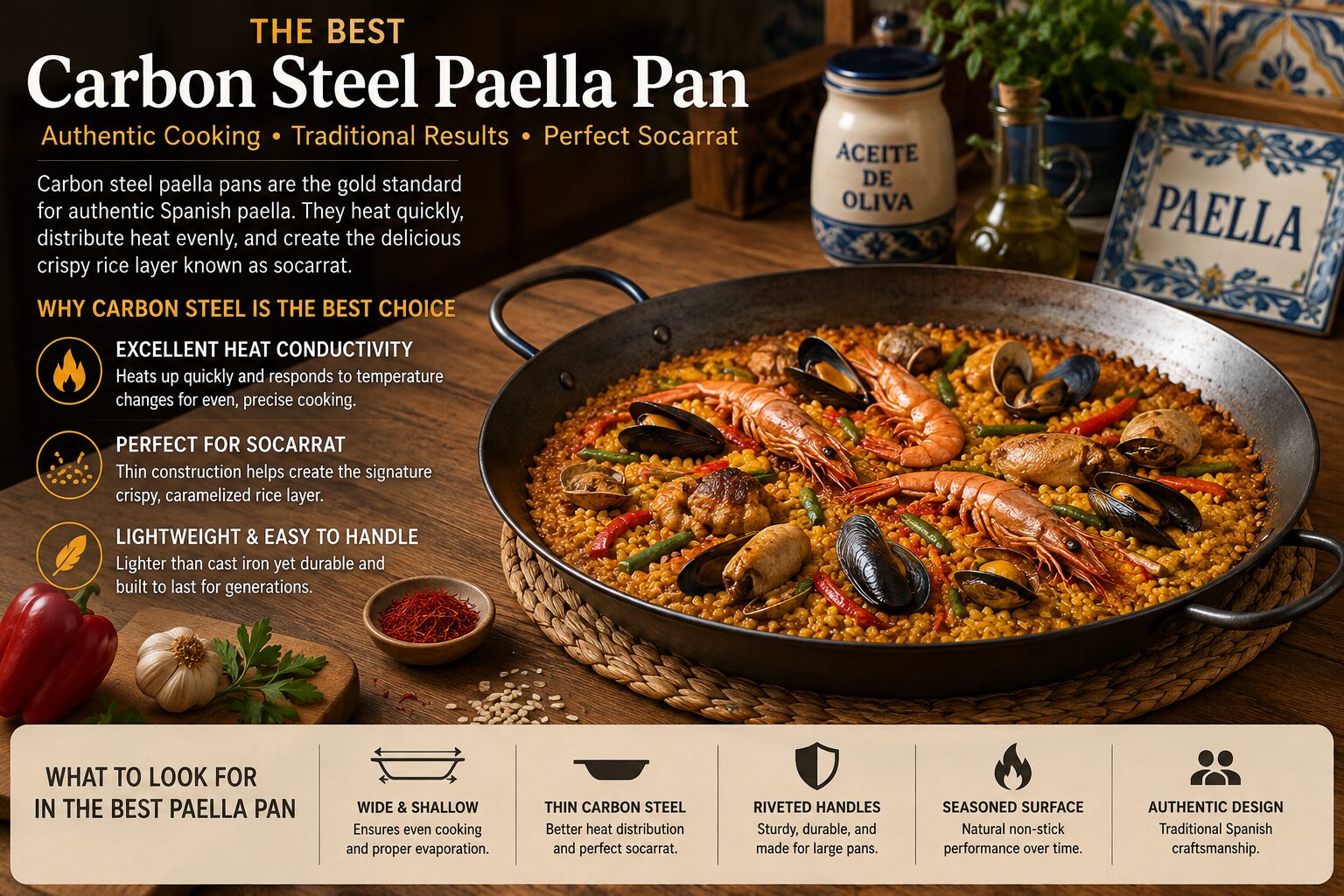 When it comes to preparing authentic Spanish paella, few tools are more important than the pan itself. While ingredients and technique certainly matter, choosing the best carbon steel paella pan can dramatically improve the flavor, texture, and overall cooking experience.Metals & Mining Traditional Spanish chefs have relied on carbon steel paella pans for generations because of their excellent heat conductivity, lightweight construction, and ability to create the famous crispy rice layer known as socarrat. Today, carbon steel paella pans remain the preferred choice for both professional chefs and passionate home cooks who want to achieve authentic results. In this guide, we’ll explore why carbon steel is considered the gold standard for paella cooking, what features to look for when choosing the best carbon steel paella pan, how to maintain it properly, and why this classic cookware continues to dominate Spanish kitchens around the world. What Is a Carbon Steel Paella Pan? A carbon steel paella pan is a traditional Spanish cooking pan specifically designed for preparing paella and other rice dishes. Unlike standard frying pans or skillets, paella pans are characterized by: Wide shallow surfaces Sloped sides Thin metal construction Large cooking areas Dual side handles Carbon steel is especially popular because it heats quickly and distributes heat evenly across the cooking surface. This allows rice to cook uniformly while encouraging proper evaporation and caramelization.Cookware The result is authentic paella texture with perfectly cooked rice and a flavorful crispy bottom layer. Why Carbon Steel Is the Best Material for Paella Pans There are several reasons why carbon steel remains the top choice for traditional paella cookware. 1. Excellent Heat Conductivity Carbon steel heats up quickly and responds efficiently to temperature changes. This allows cooks to: Control cooking more precisely Achieve even rice texture Avoid uneven hot spots Proper heat distribution is essential for authentic paella preparation.Spanish Cuisine 2. Perfect for Creating Socarrat One of the defining characteristics of great paella is socarrat, the thin crispy layer of caramelized rice at the bottom of the pan. Carbon steel’s thin construction helps develop this signature texture more effectively than thicker cookware materials. 3. Lightweight and Easy to Handle