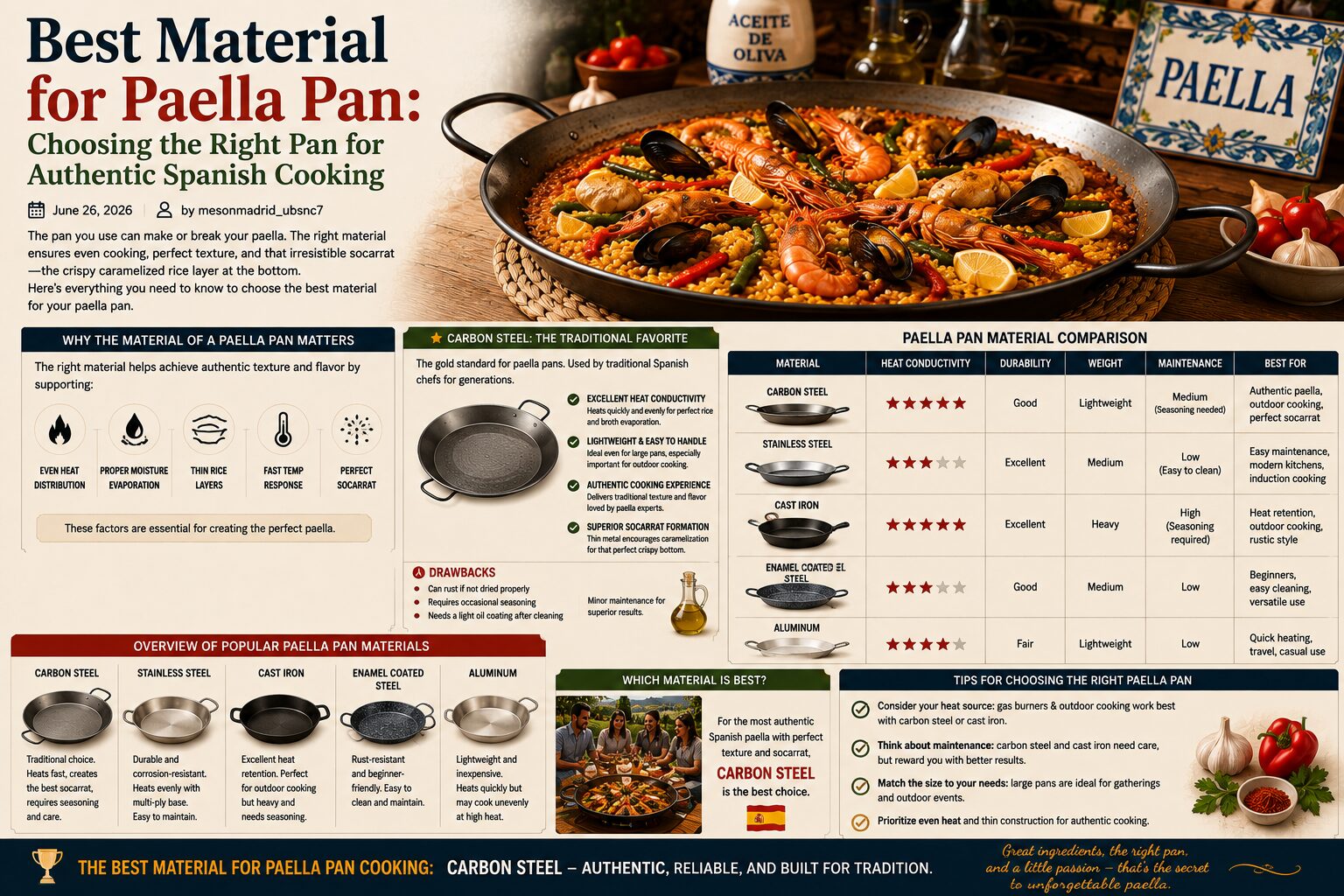 Best Material for Paella Pan: Choosing the Right Pan for Authentic Spanish Cooking June 26, 2026 by mesonmadrid_ubsnc7 Paella is one of Spain’s most iconic culinary creations, famous for its vibrant colors, rich flavors, and communal dining tradition. While ingredients such as saffron, rice, seafood, and vegetables are essential, many experienced cooks agree that the pan itself plays a critical role in achieving authentic results.Spanish Cuisine One of the most common questions among home cooks and culinary enthusiasts is: what is the best material for paella pan cooking? The answer depends on several factors, including cooking style, maintenance preferences, heat source, and desired authenticity. Different materials offer different advantages, and understanding these differences can help you choose the perfect paella pan for your kitchen. In this complete guide, we’ll explore the most popular paella pan materials, compare their strengths and weaknesses, and explain which option works best for traditional Spanish paella. Why the Material of a Paella Pan Matters Unlike many other cookware types, paella pans are specifically designed to create a unique rice texture and cooking environment. Traditional paella requires:Cooking & Recipes Even heat distribution Proper moisture evaporation Thin rice layers Fast temperature response Crispy socarrat formation Socarrat is the caramelized rice crust that forms at the bottom of the pan and is considered one of the defining features of authentic paella. The material of the pan directly affects how heat spreads, how quickly the pan responds to temperature changes, and how effectively the rice cooks. Choosing the best material for paella pan cooking can dramatically improve the final dish. Carbon Steel: The Traditional Favorite When discussing the best material for paella pan cooking, carbon steel is usually considered the gold standard.Restaurants Traditional Spanish paella pans have been made from carbon steel for generations. Why Carbon Steel Is So Popular Carbon steel offers several advantages that make it ideal for paella preparation. Excellent Heat Conductivity Carbon steel heats quickly and distributes heat evenly across the cooking surface. This helps: Prevent uneven rice cooking Improve broth evaporation Promote proper socarrat development Lightweight Design Compared to cast iron or heavy stainless steel, carbon steel is relatively lightweight and easy to handle.Spanish Cuisine This becomes especially important when preparing large paellas for gatherings. Authentic Cooking Experience Most traditional paella chefs in Spain still use carbon steel because it delivers authentic texture and flavor. Superior Socarrat Formation The thin metal construction encourages caramelization and crisp rice development. This is one of the biggest reasons why professional chefs continue to prefer carbon steel. Drawbacks of Carbon Steel Despite its advantages, carbon steel does require maintenance.Cooking & Recipes Potential disadvantages include: Can rust if not dried properly Requires occasional seasoning Needs light oil coating after cleaning However, many cooks consider these minor inconveniences worthwhile because of the superior cooking performance.